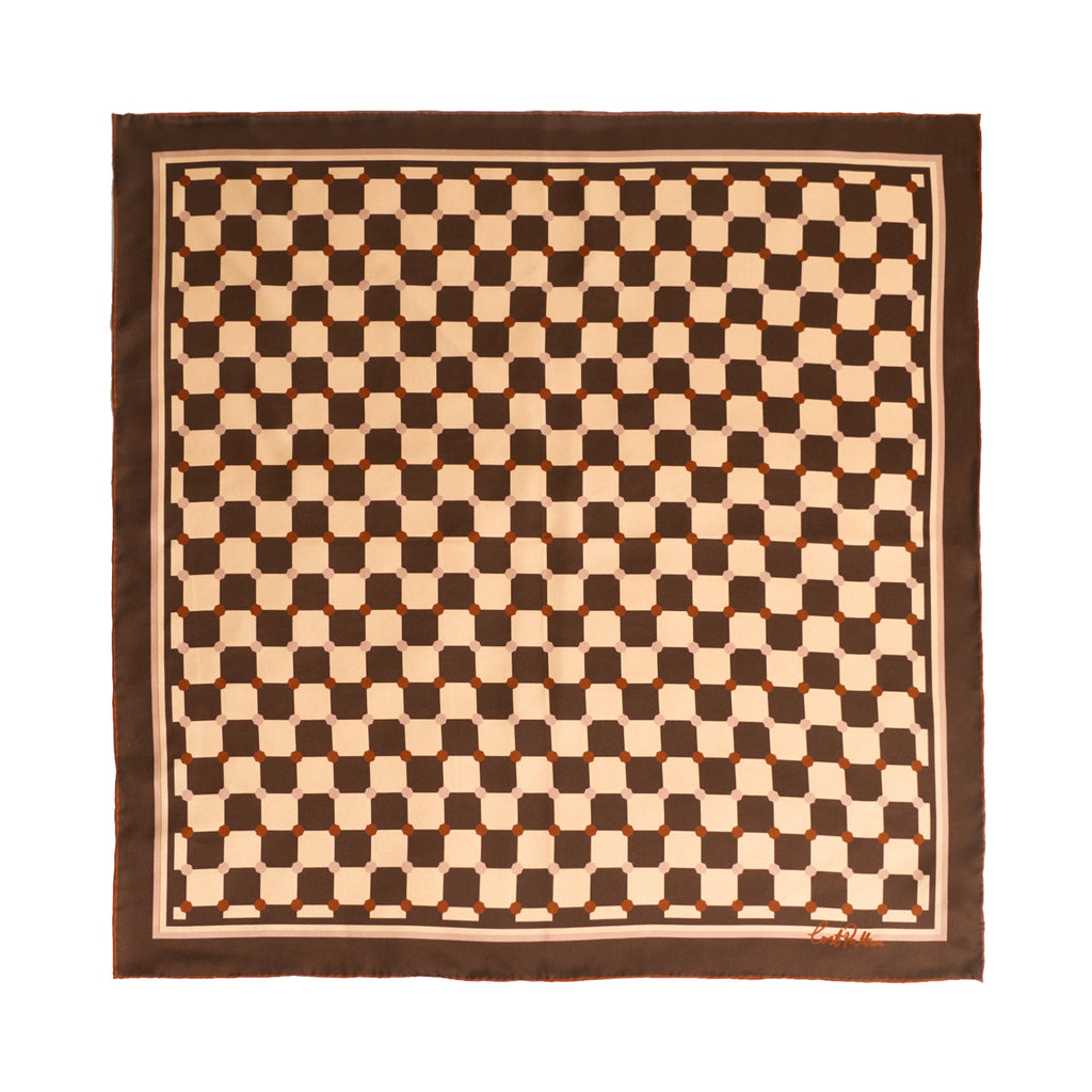 "Checkerboard" Silk Bandana Scarf - Coffee - Coffee - LOST PATTERN Silk Square Scarf