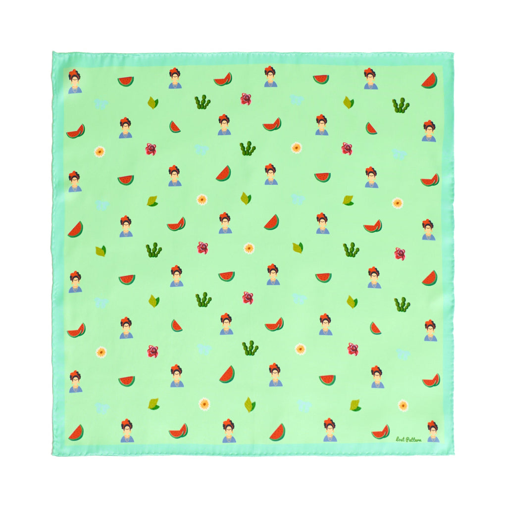 "Frida’s Desert Bloom" Silk Bandana Scarf - Green