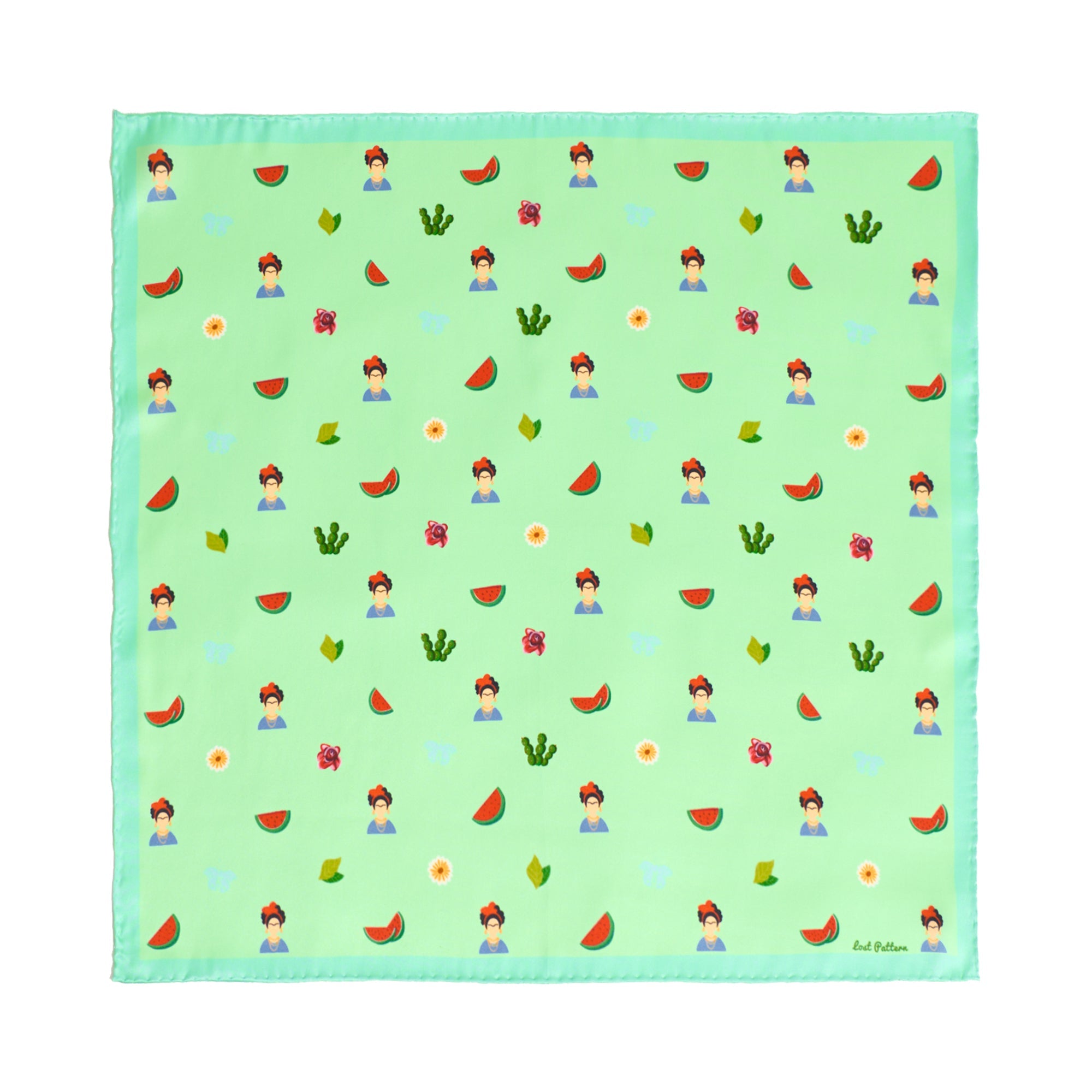 "Frida’s Desert Bloom" Silk Bandana Scarf - Green