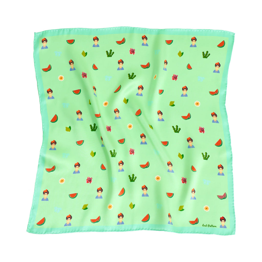 "Frida’s Desert Bloom" Silk Bandana Scarf - Green