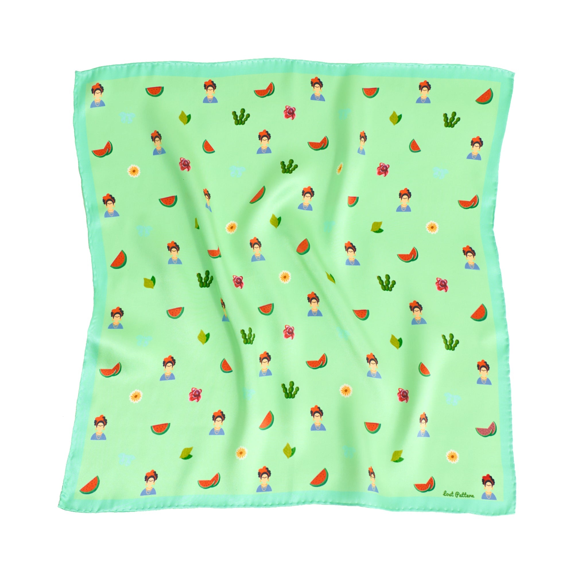 "Frida’s Desert Bloom" Silk Bandana Scarf - Green