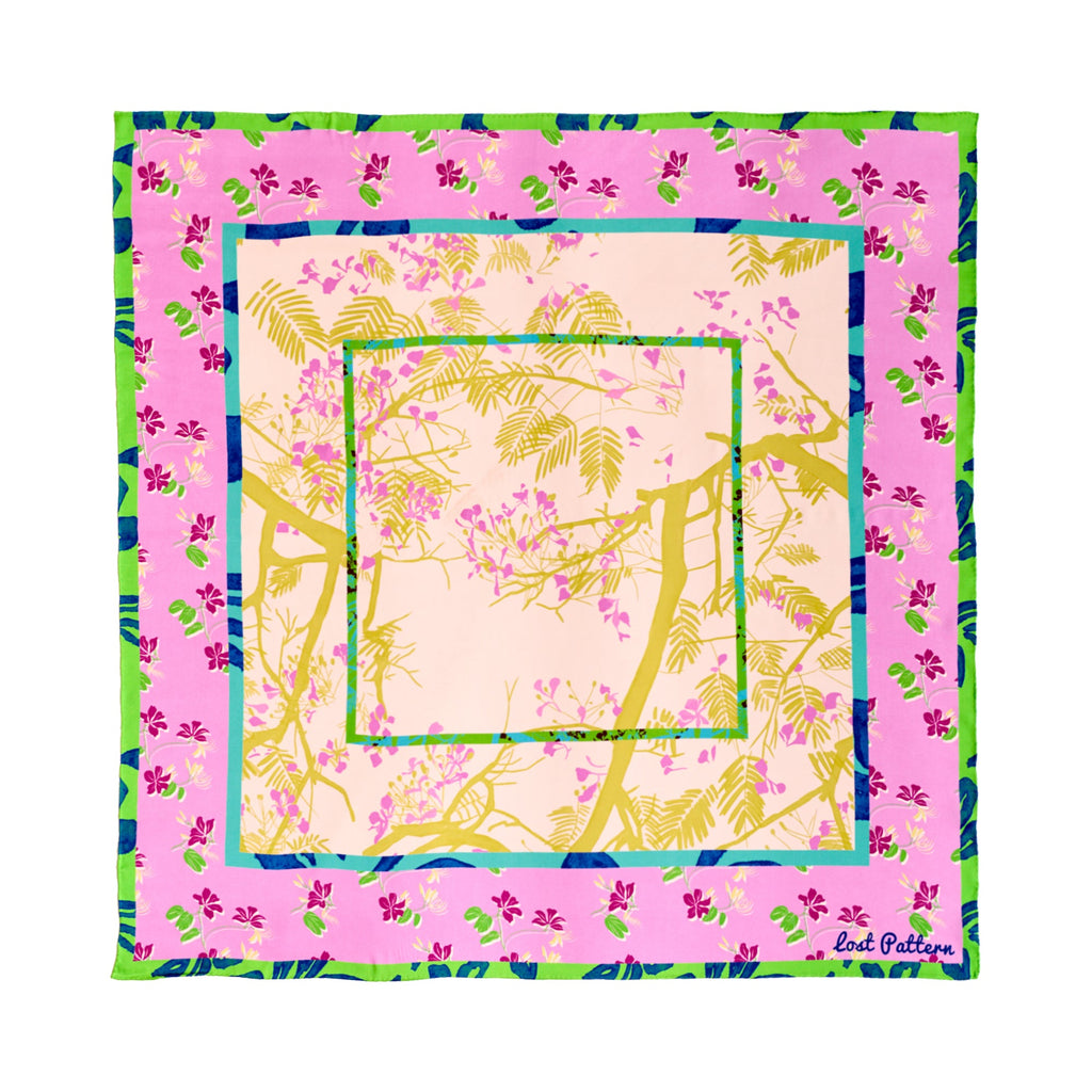 "Floral Tapestry" Large Silk Scarf - Pink - Pink - LOST PATTERN Silk Square Scarf