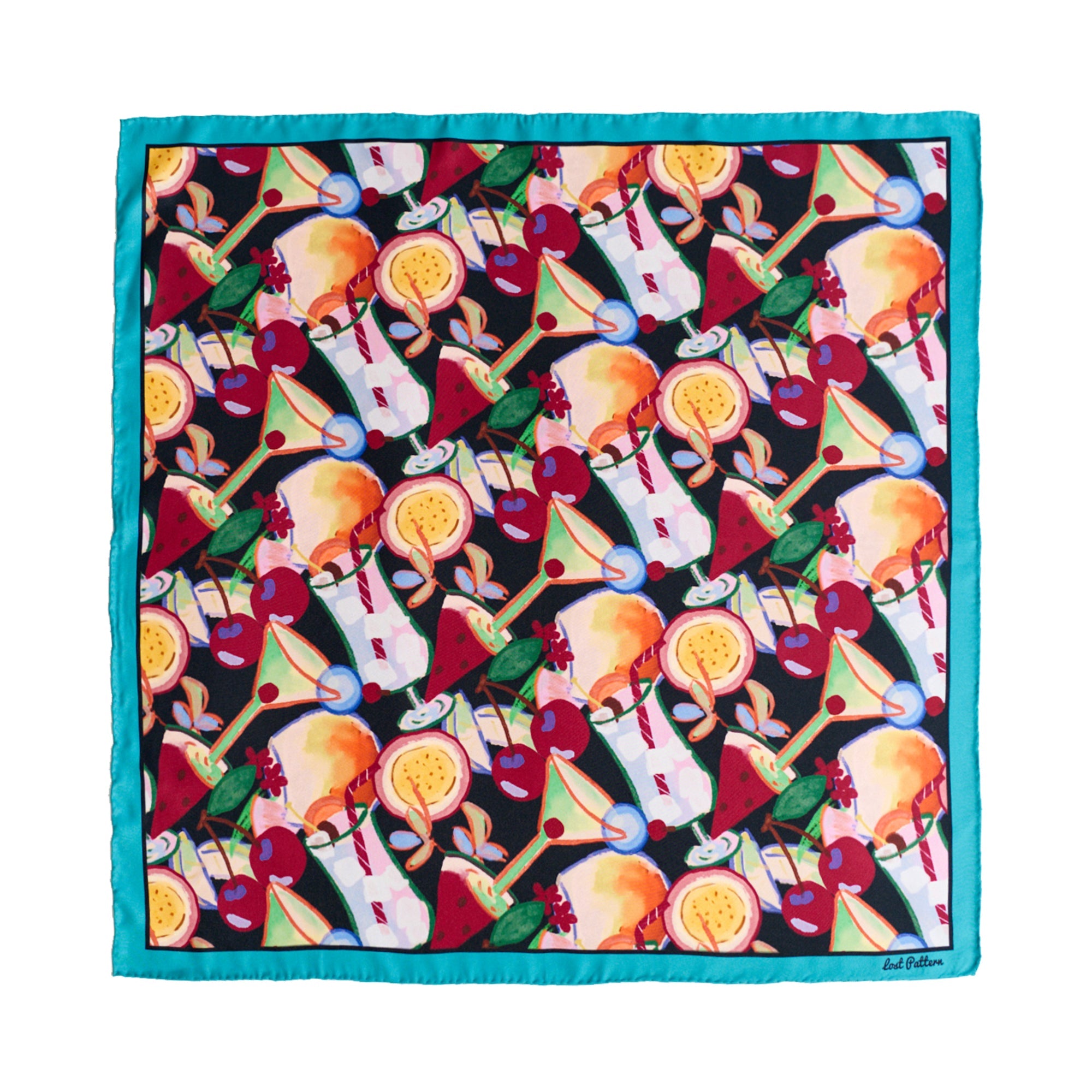 "Party Time" Silk Bandana Scarf - Teal Blue - LOST PATTERN Silk Square Scarf