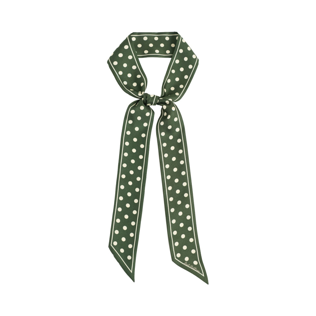 "Retro Polka" Silk Skinny Scarf - Dark Green