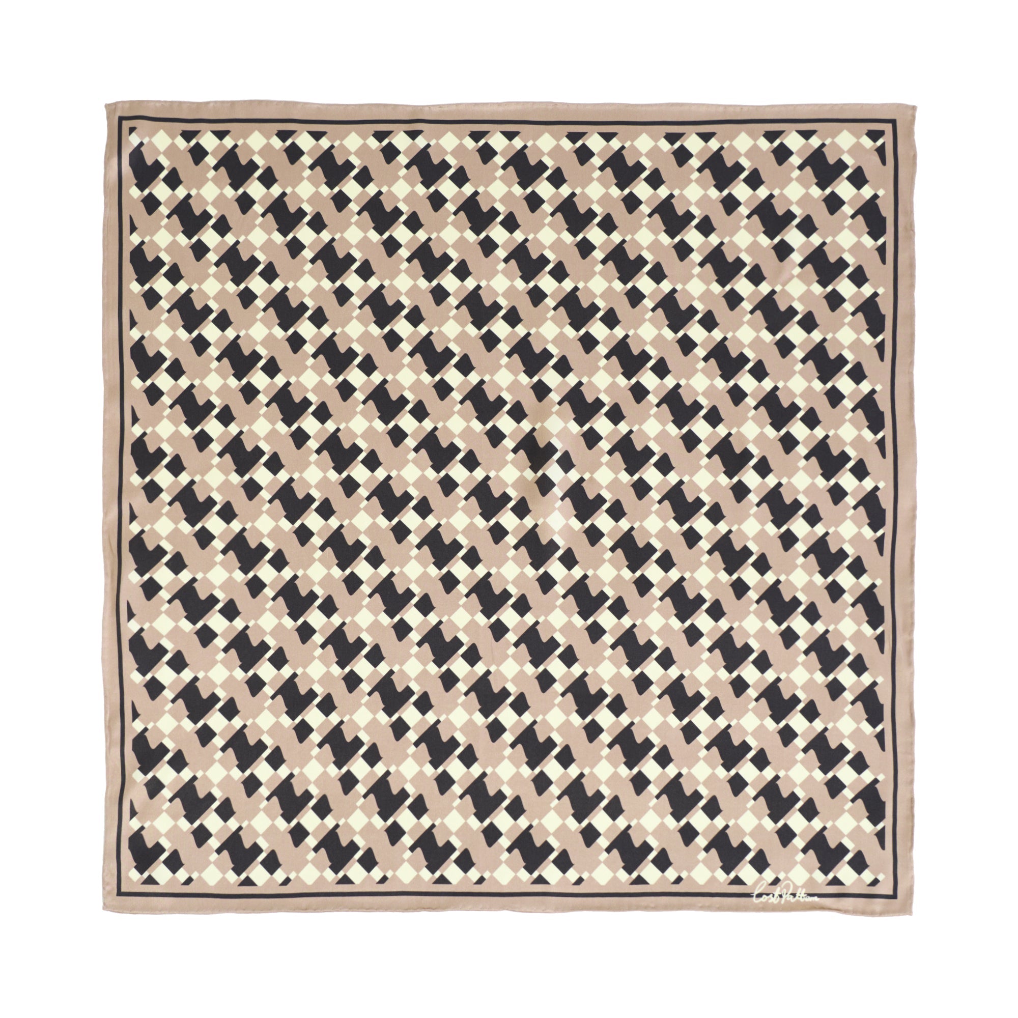 “Houndstooth Moderne” Silk Bandana Scarf - Coffee