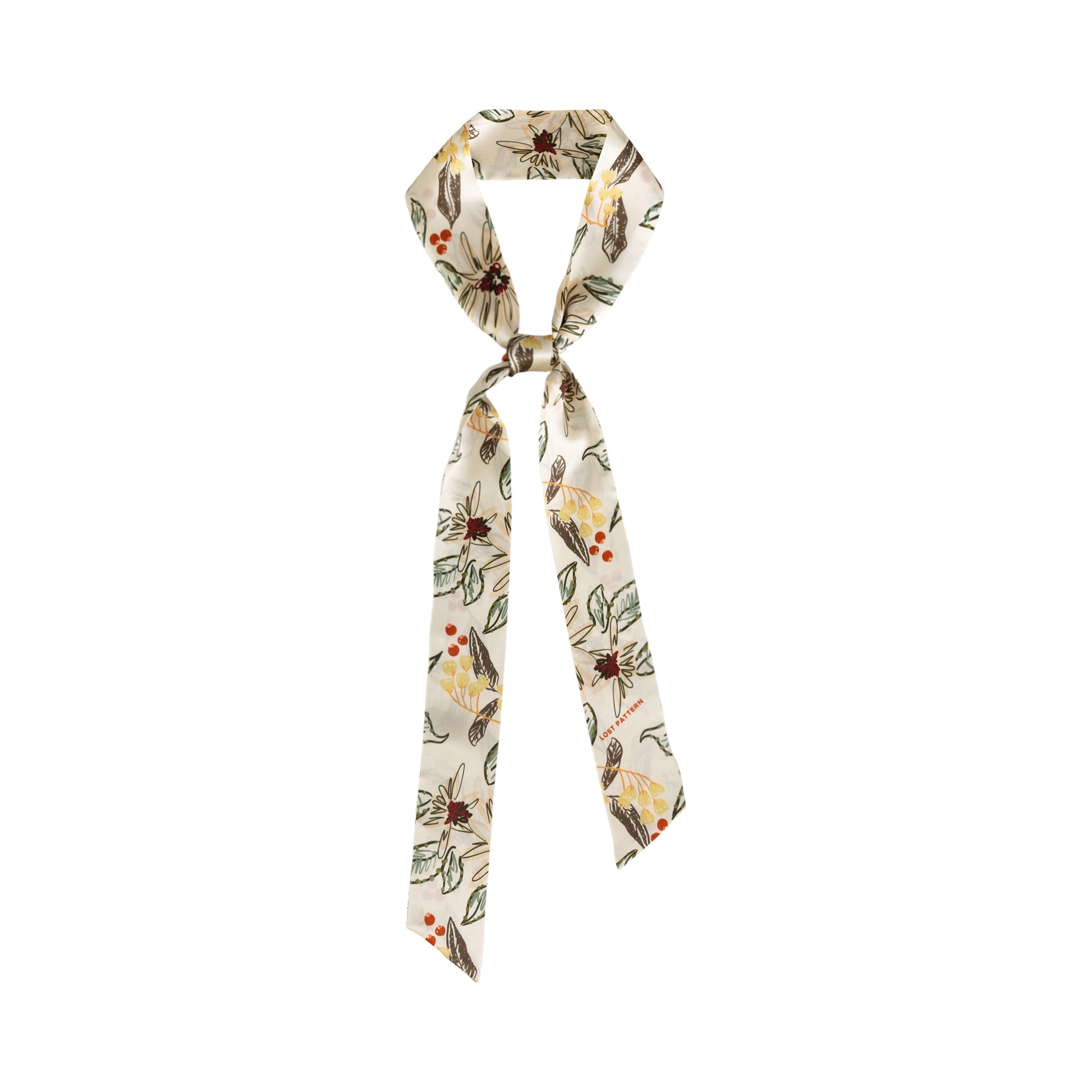 "Forest Charm" Silk Skinny Scarf - Vanilla
