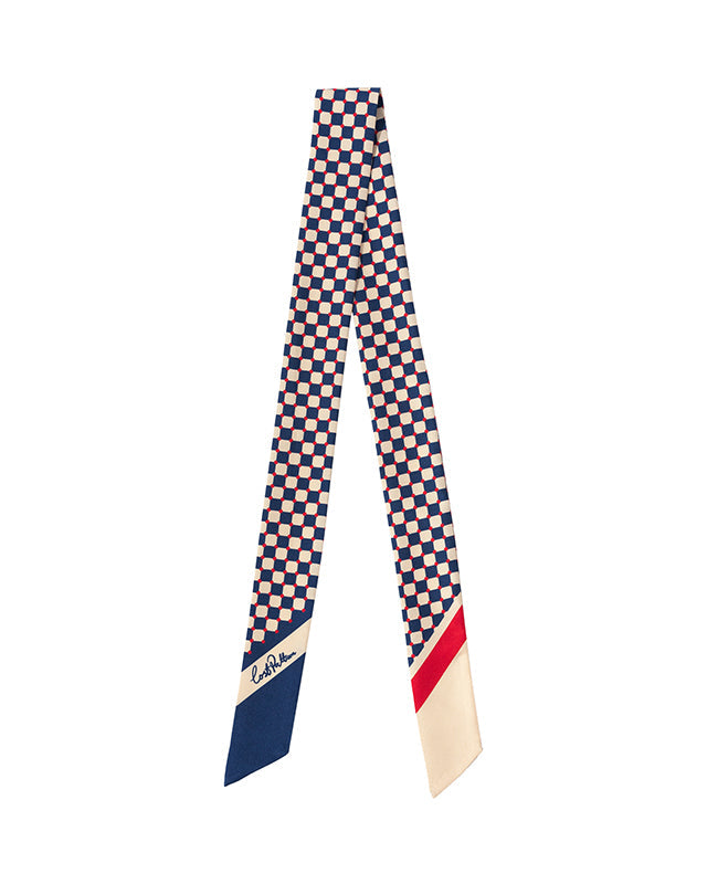 "Checkerboard" Silk Twill Skinny Scarf  - Blue
