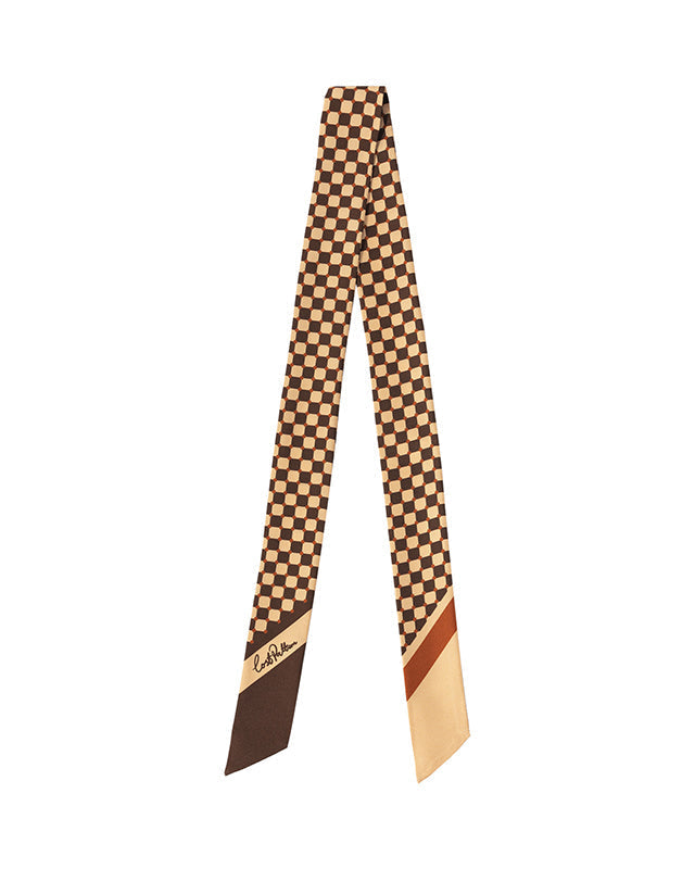 "Checkerboard" Silk Twill Skinny Scarf  - Coffee