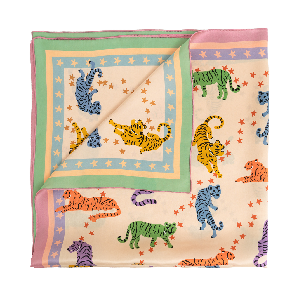 "Neon Tigers" Large Silk Scarf - Pink & Green - LOST PATTERN Silk Square Scarf