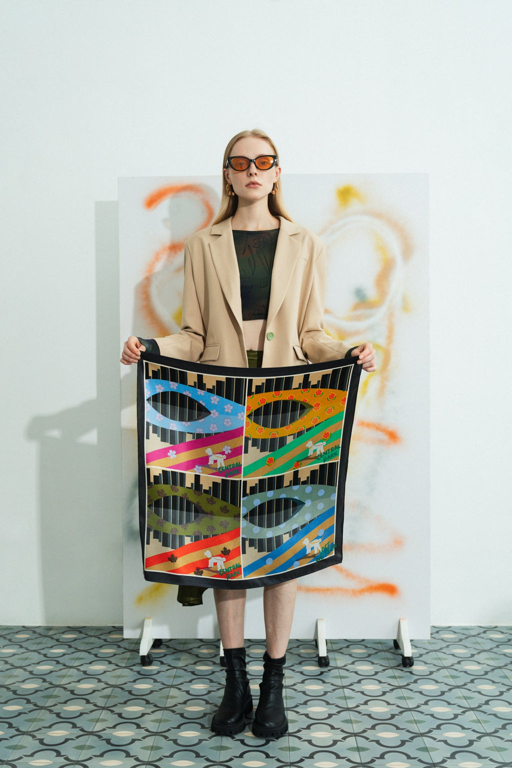 "Seasons in the Park" Silk Scarf - Black