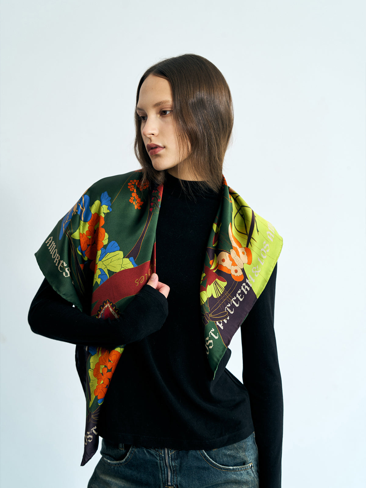 FRIDA x LOST PATTERN "Los Amores de Frida" Large Silk Scarf - Dark Green