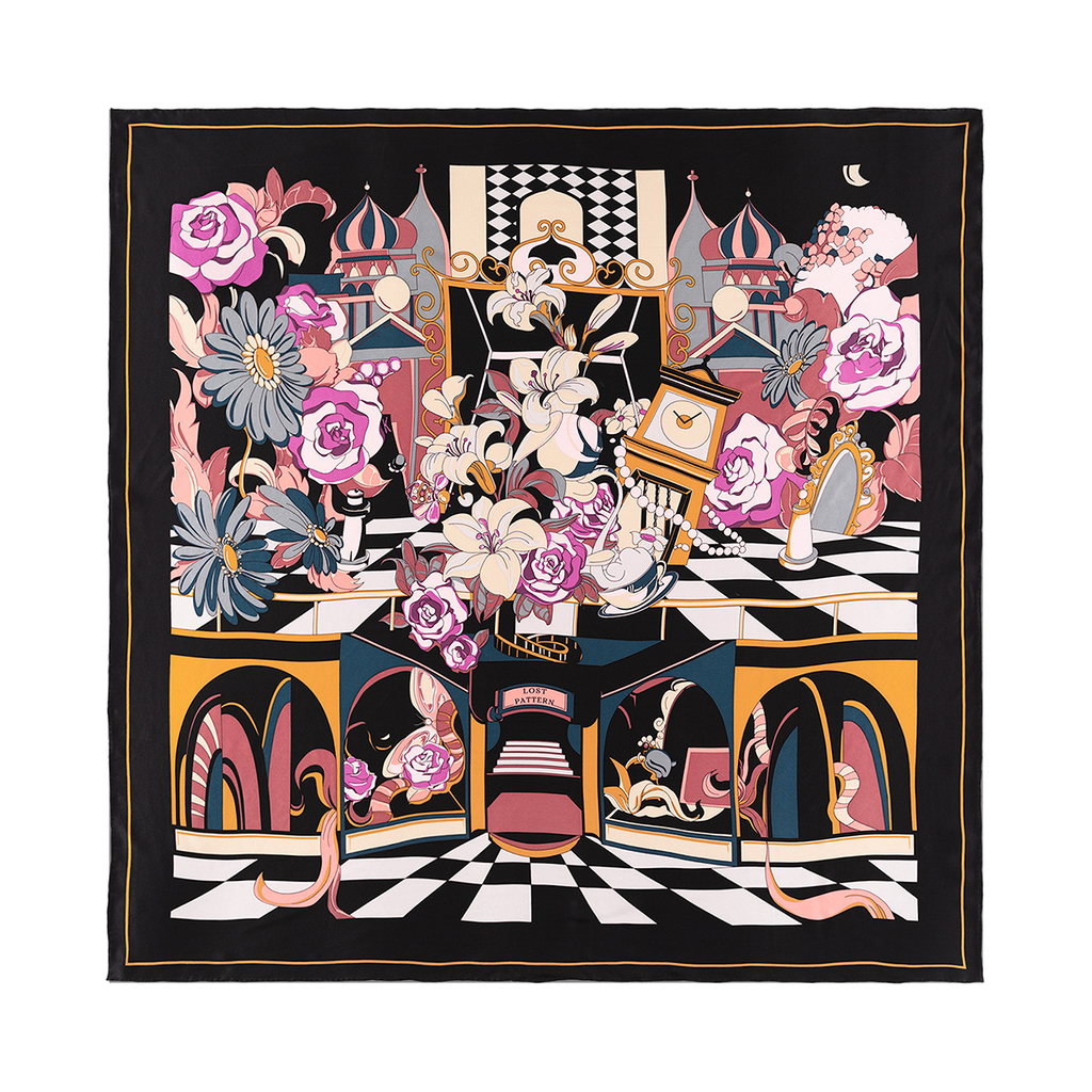 "Vintage Blooms" Large Silk Square Scarf - Black & Purple - Black & Purple - LOST PATTERN Silk Square Scarf