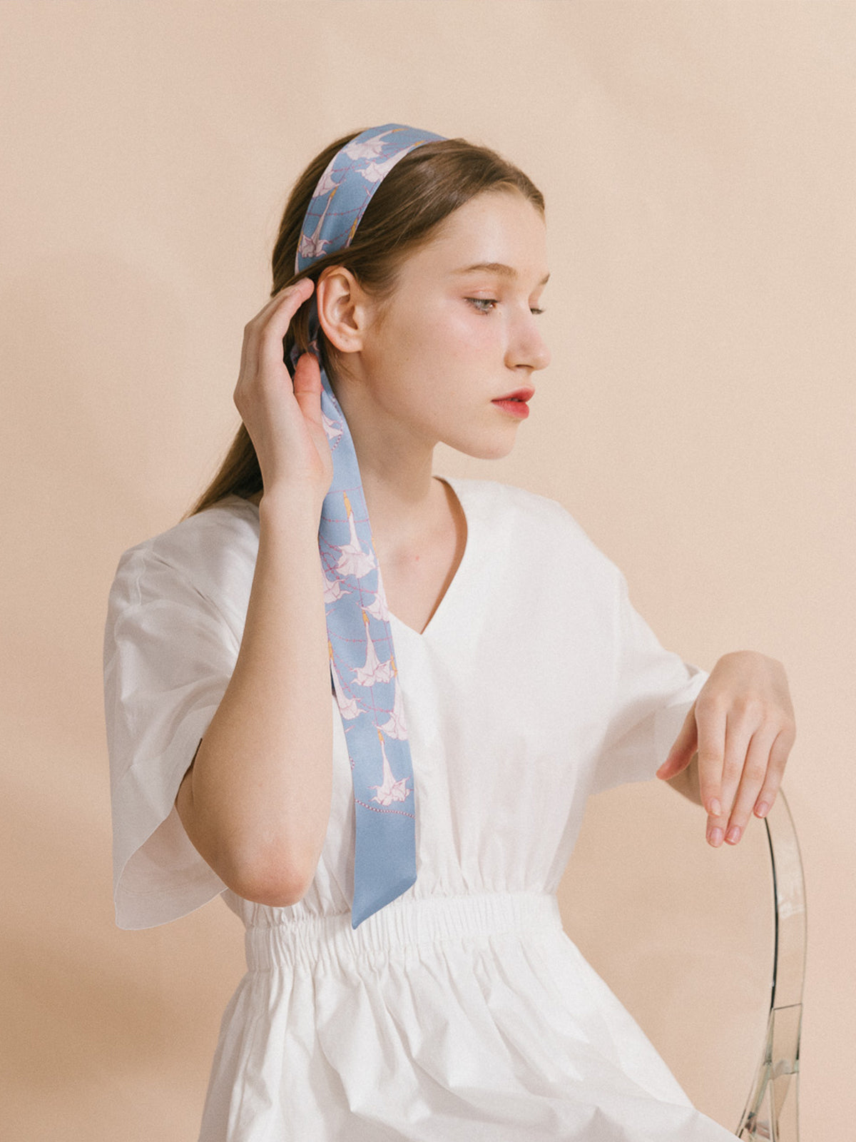 "Datura" Silk Skinny Scarf - Slate Blue