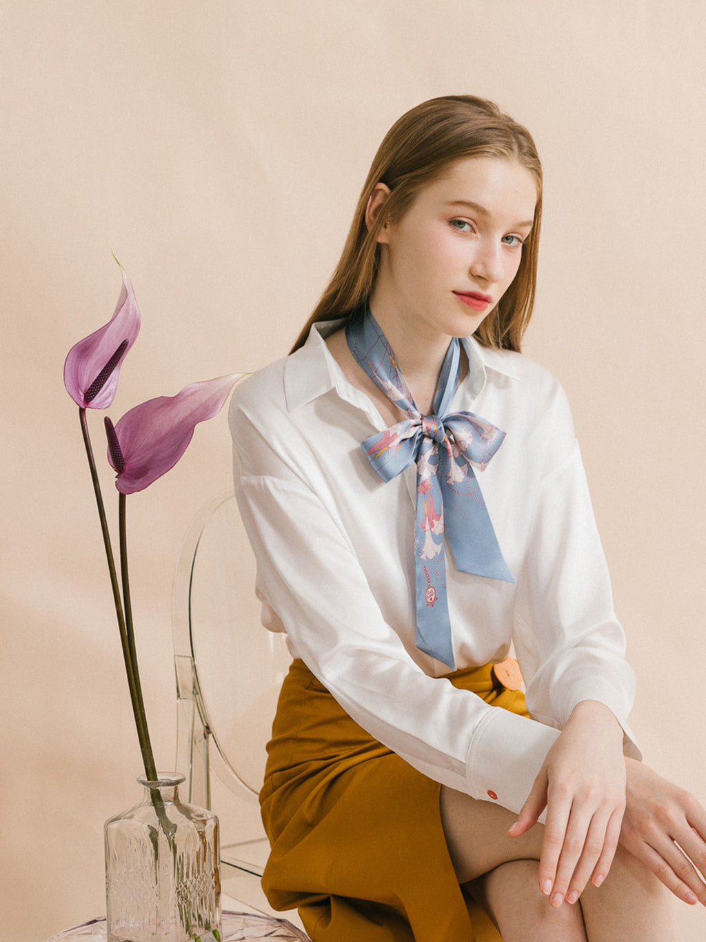 "Datura" Silk Skinny Scarf - Slate Blue