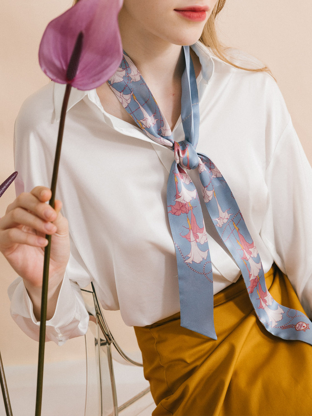 "Datura" Silk Skinny Scarf - Slate Blue