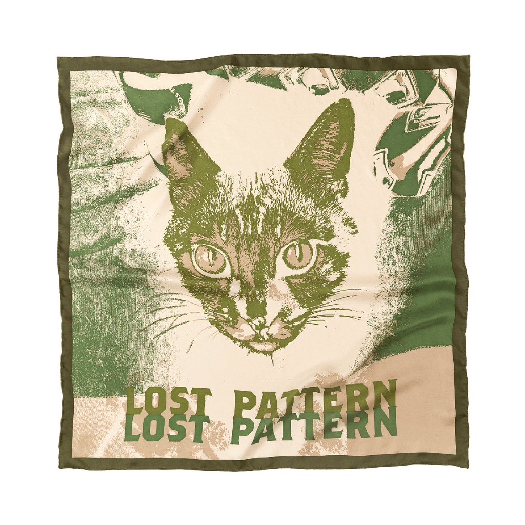 "One Cool Cat" Silk Bandana - Olive Green - Olive Green - LOST PATTERN Silk Square Scarf