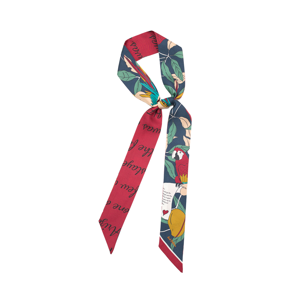 "El Amor" Silk Twill Skinny Scarf- Tropical Red & Blue - Tropical Red & Blue - LOST PATTERN Silk Skinny Scarf