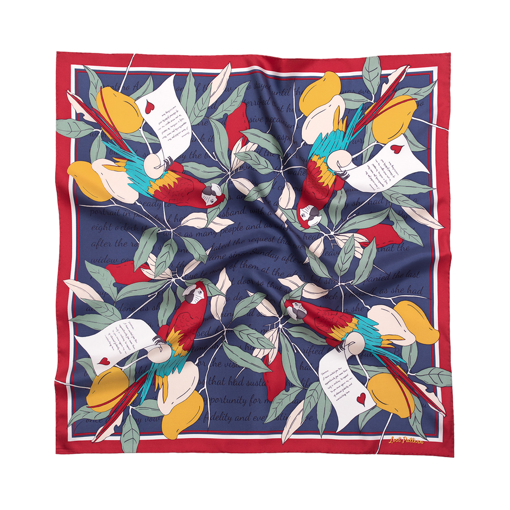 "El Amor" Silk Bandana - Tropical Red & Blue - Tropical Red & Blue - LOST PATTERN Silk Square Scarf