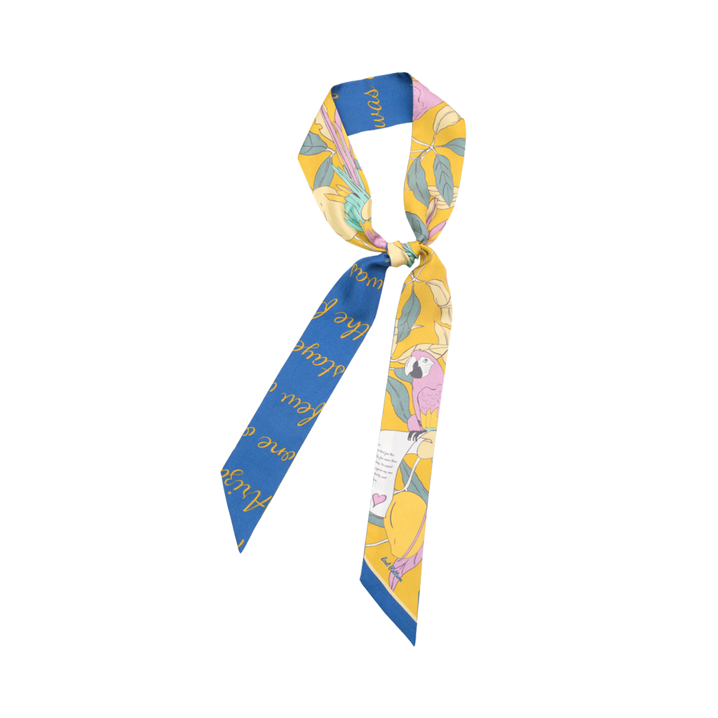 "El Amor" Silk Twill Skinny Scarf - Yellow & Blue - Yellow & Blue - LOST PATTERN Silk Skinny Scarf
