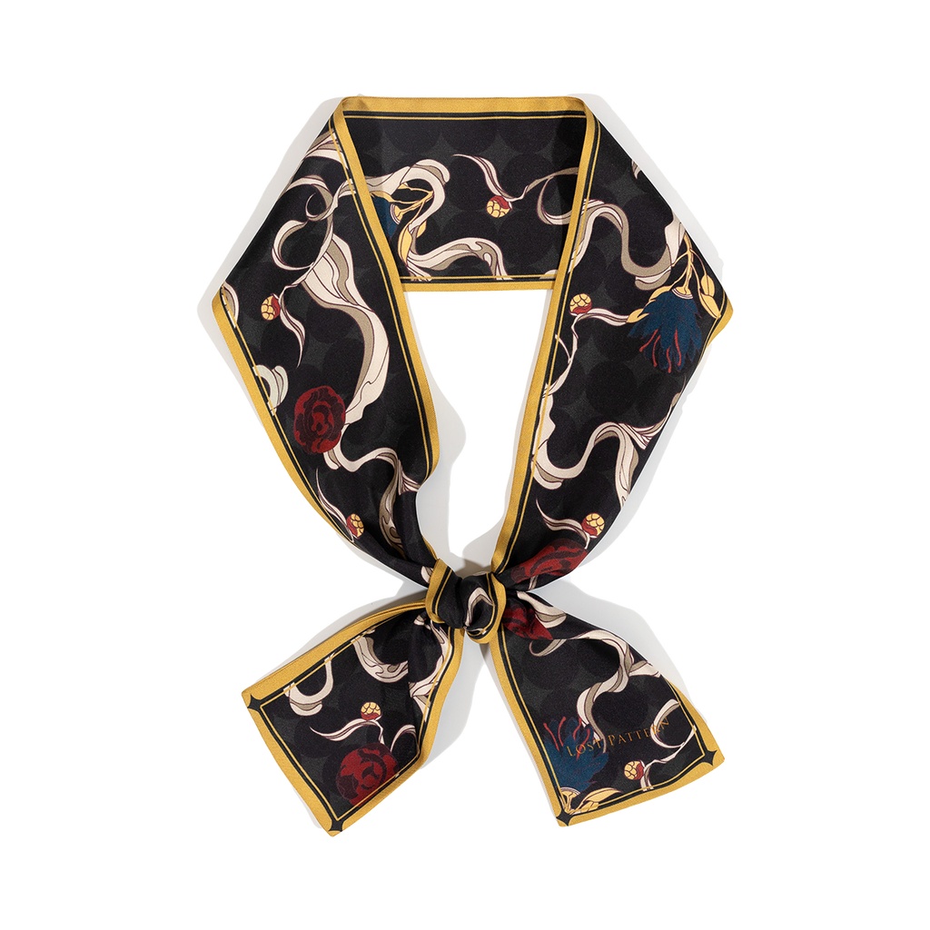 "Dream" Silk Twill Neck Bow - Black - Black - LOST PATTERN Silk Skinny Scarf