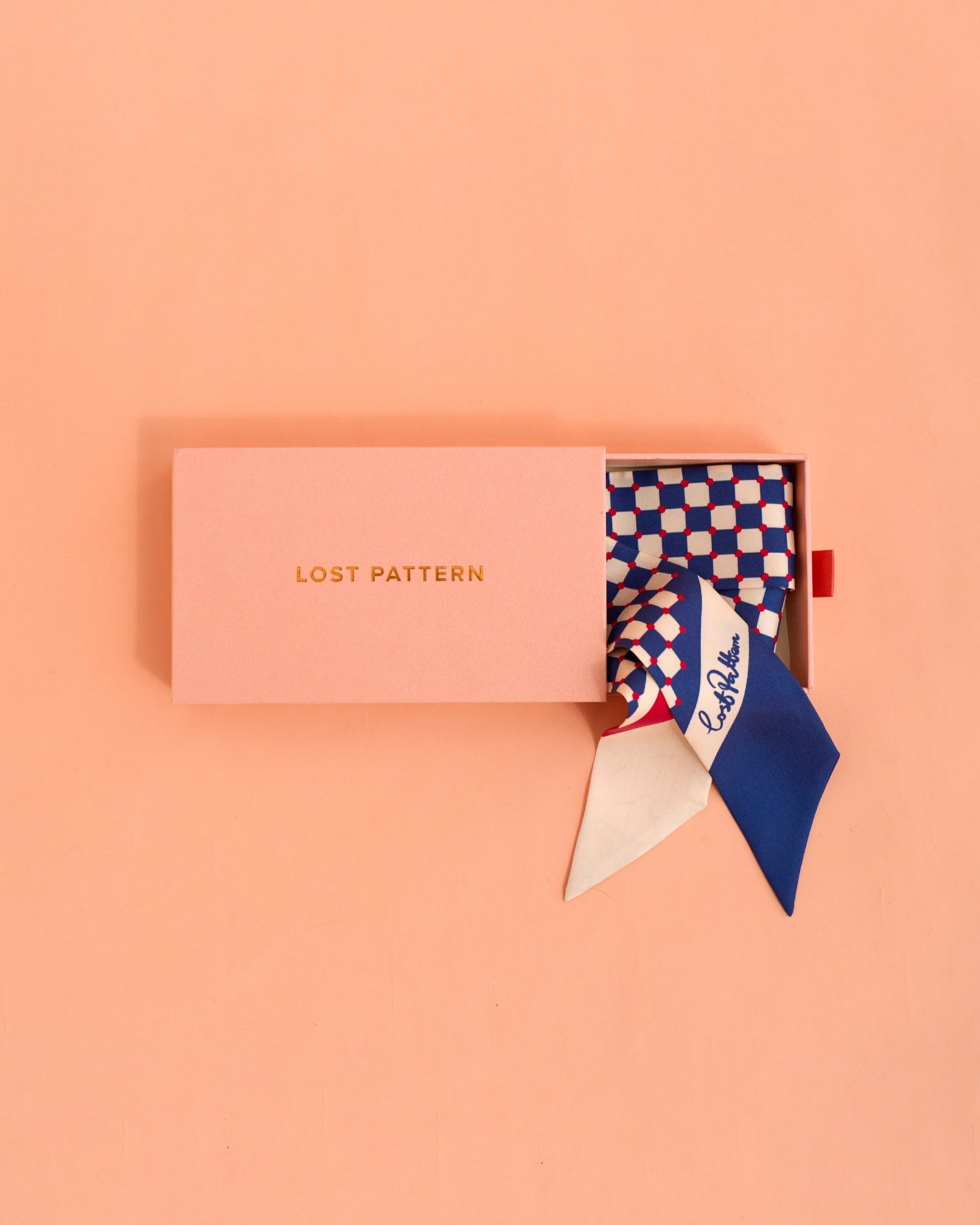 "Checkerboard" Silk Twill Skinny Scarf  - Blue