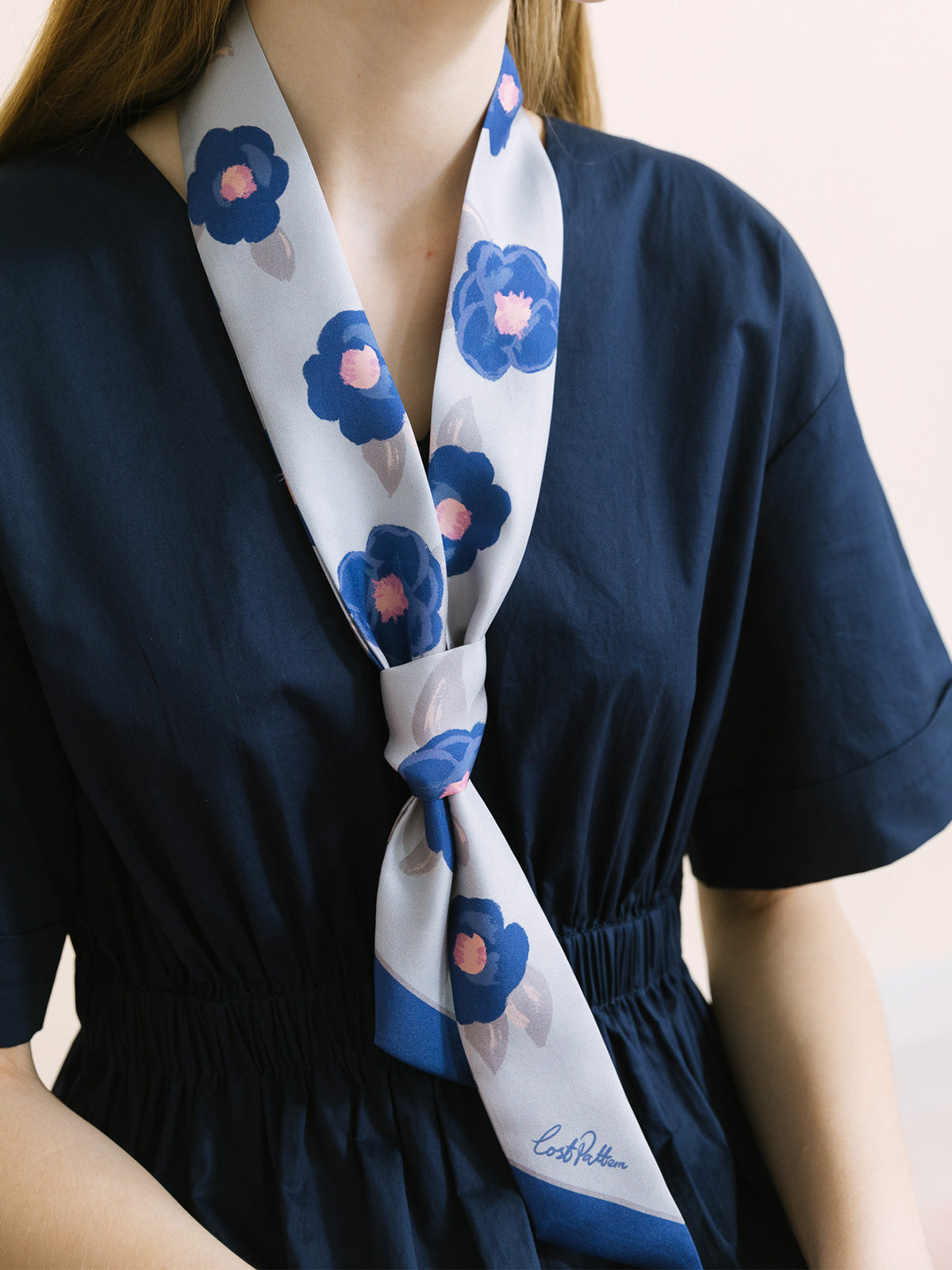 "Camellia" Silk Twill Skinny Scarf - Blue