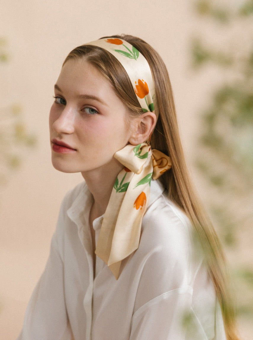 "Tulip" Silk Skinny Scarf - Apricot