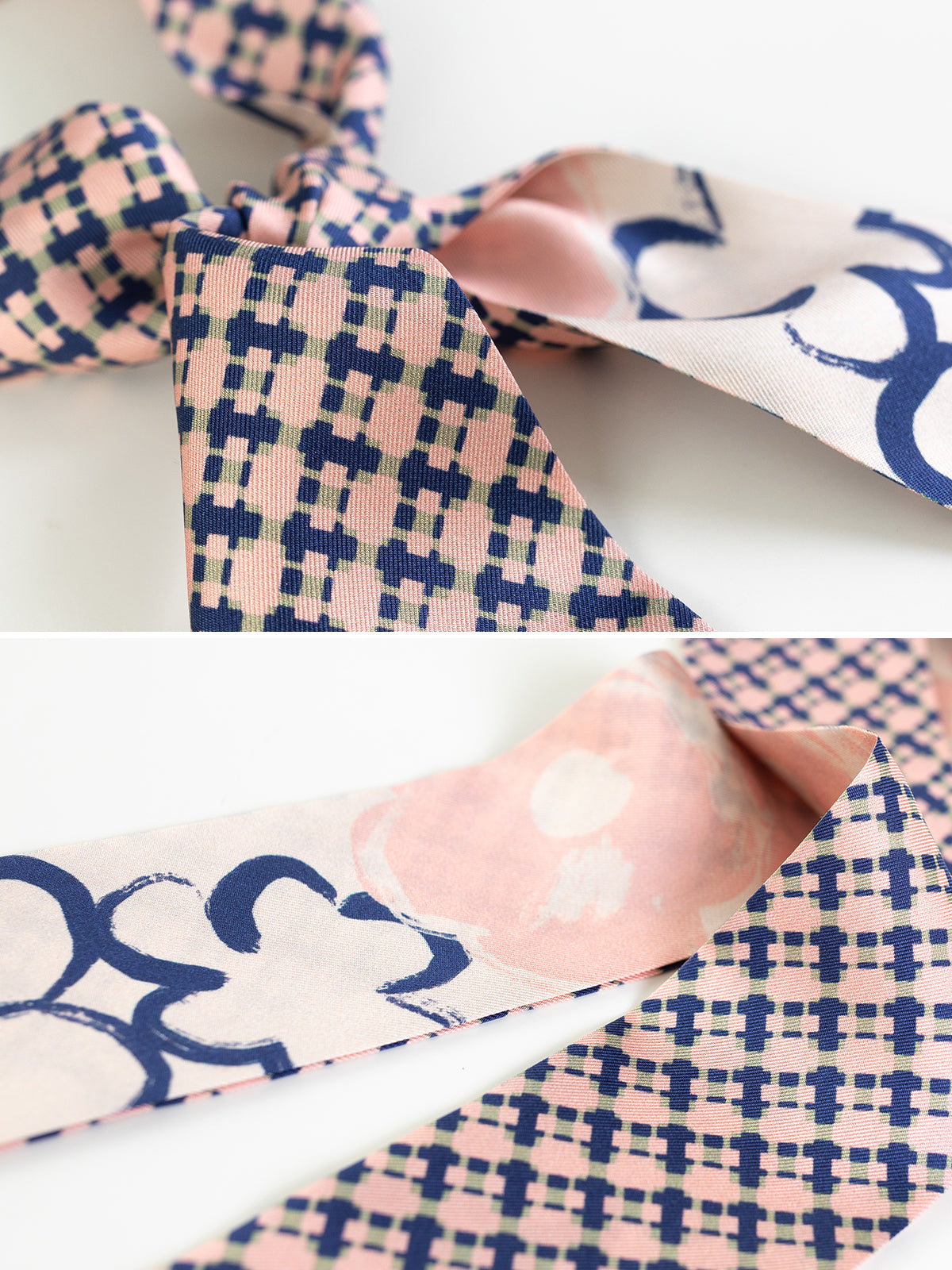 "Floral Houndstooth" Silk Twill Skinny Scarf - Blue