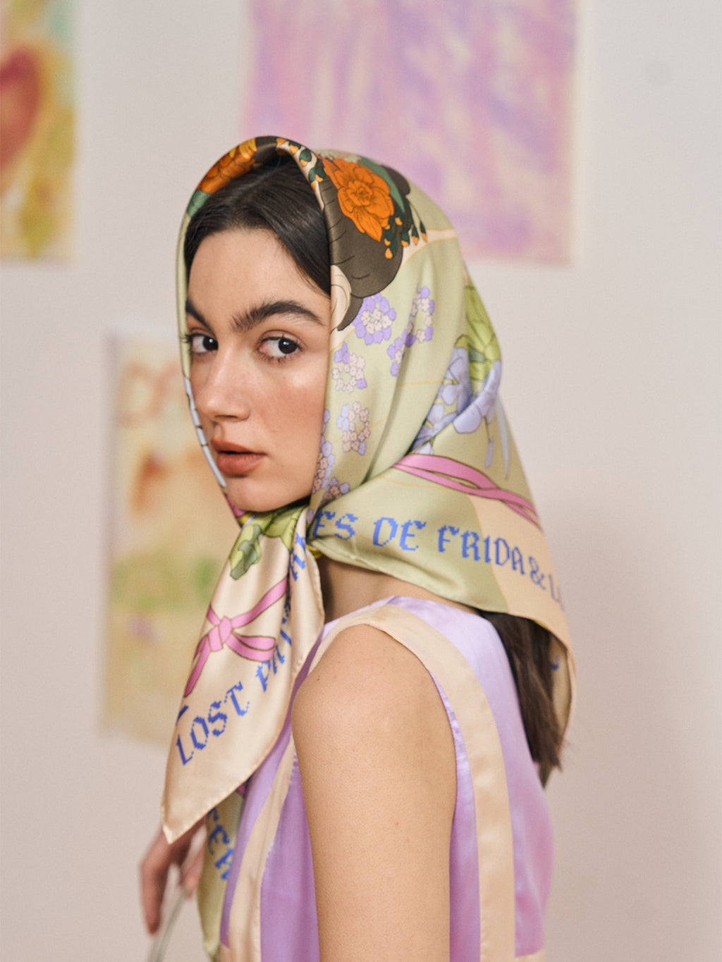 FRIDA x LOST PATTERN "Los Amores de Frida" Large Silk Scarf - Pastel