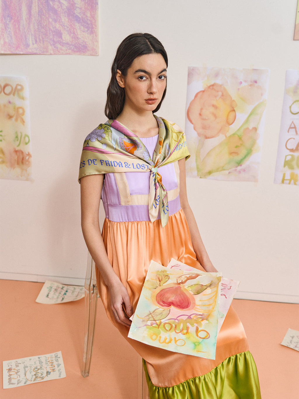 FRIDA x LOST PATTERN "Los Amores de Frida" Large Silk Scarf - Pastel