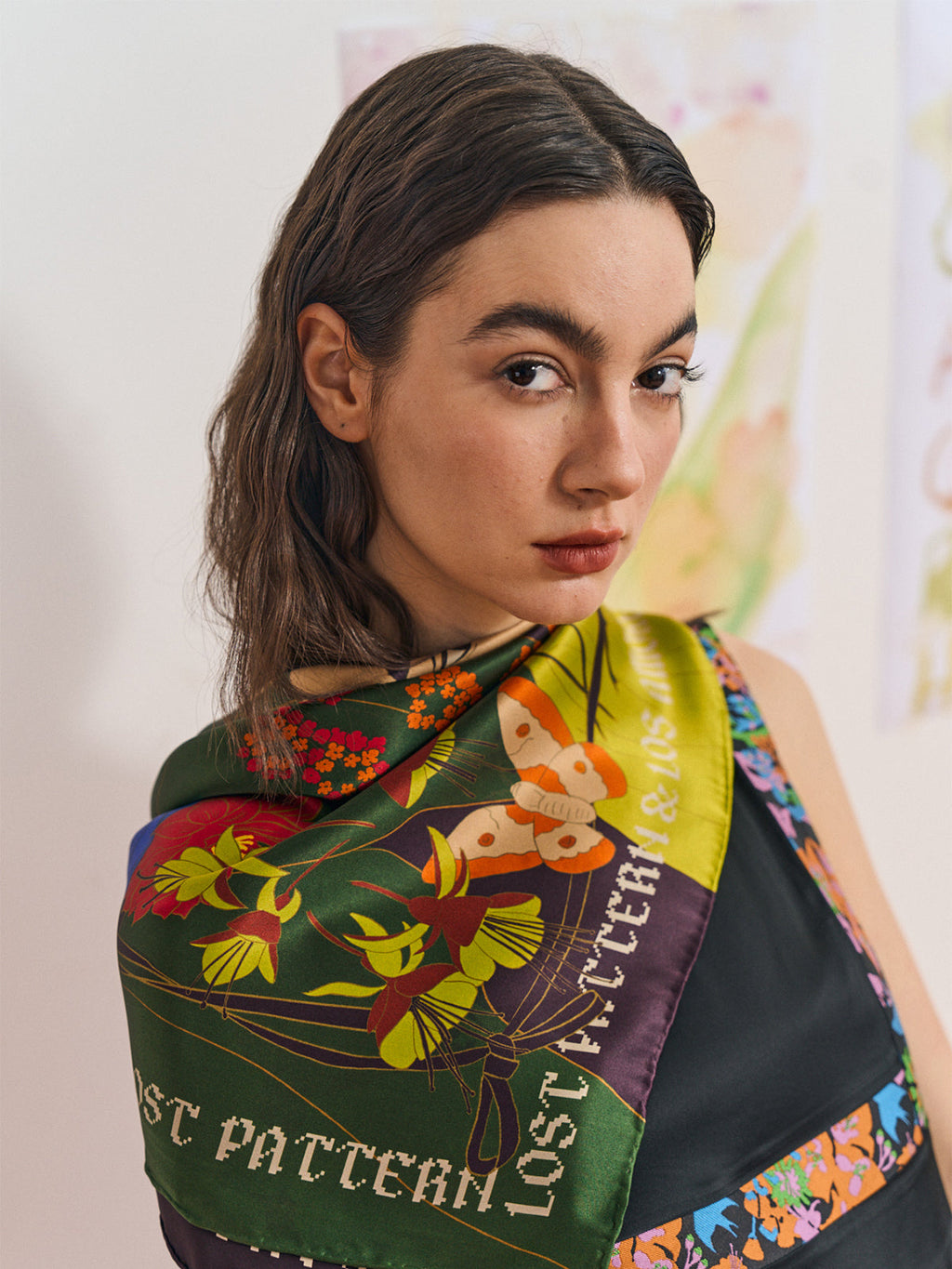 FRIDA x LOST PATTERN "Los Amores de Frida" Large Silk Scarf - Dark Green