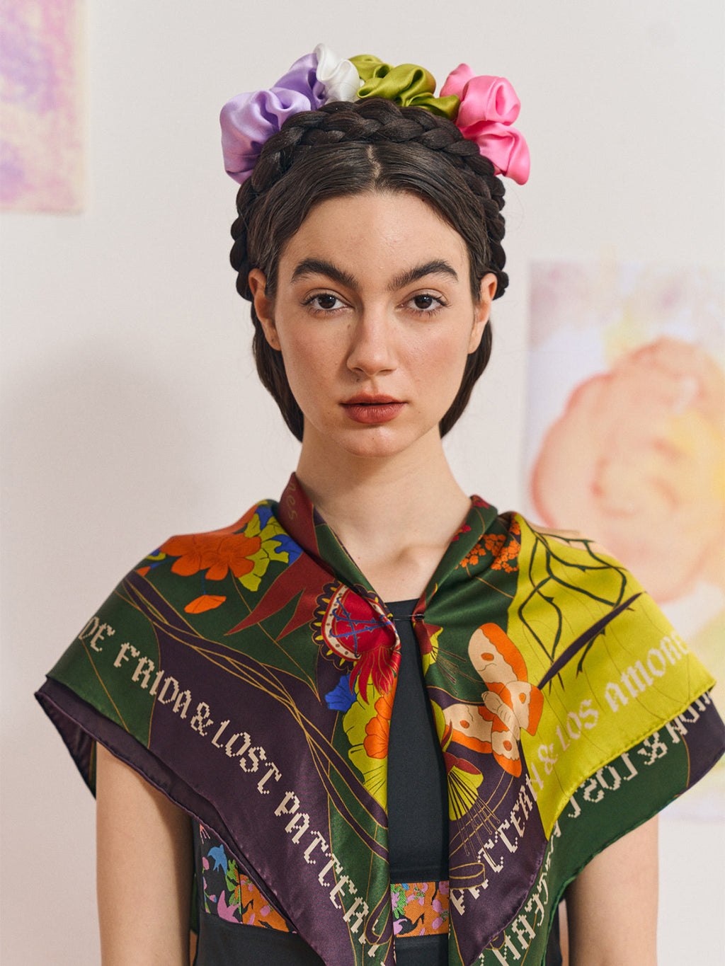 FRIDA x LOST PATTERN "Los Amores de Frida" Large Silk Scarf - Dark Green