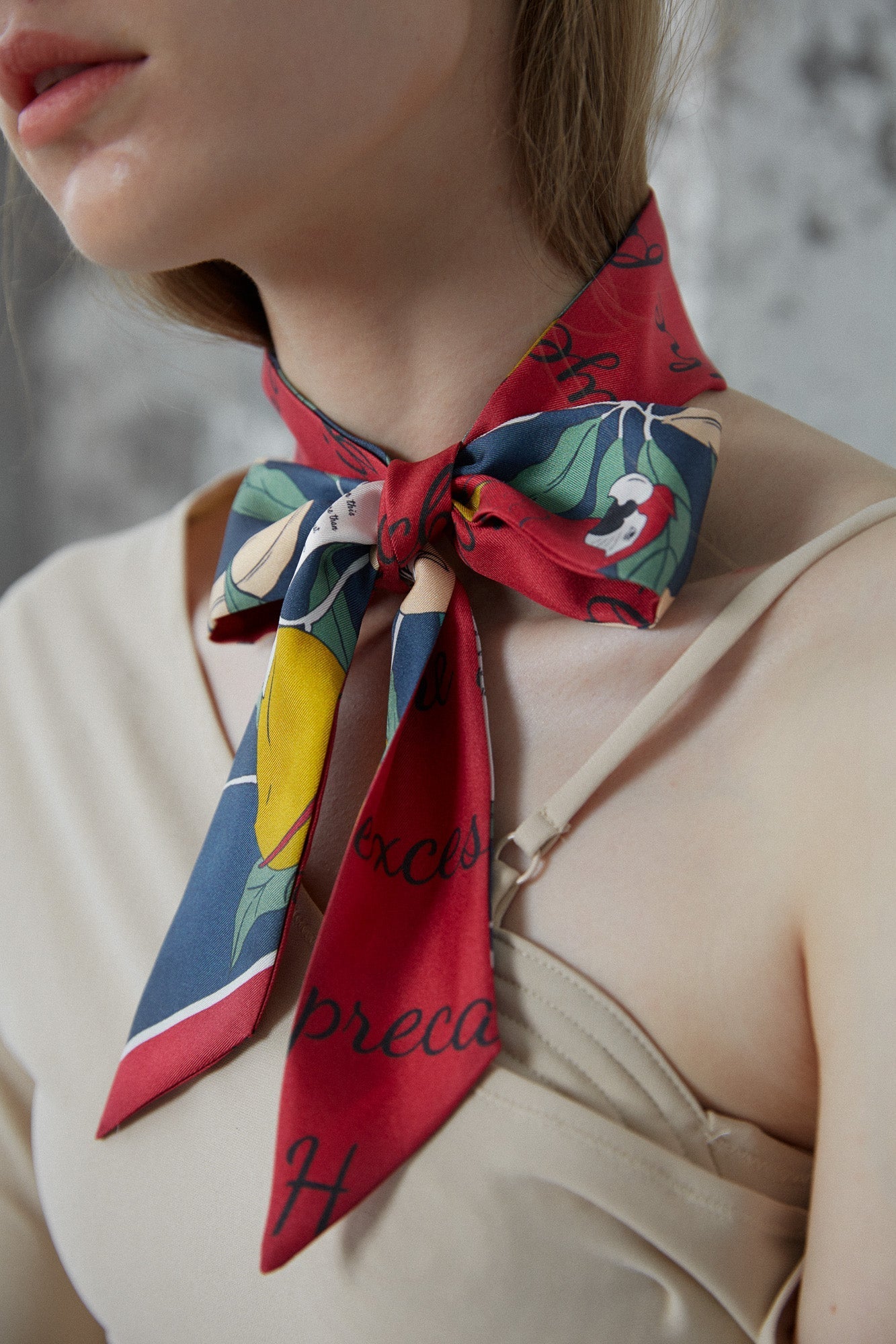 "El Amor" Silk Twill Skinny Scarf- Tropical Red & Blue