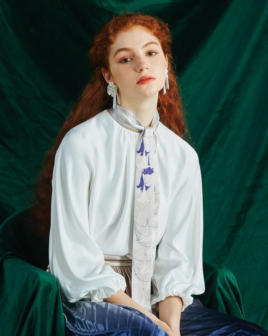 "Datura" Silk Skinny Scarf - Silver Grey