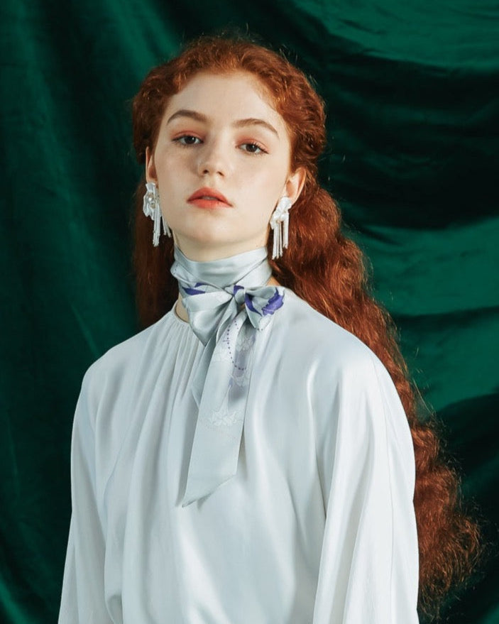 "Datura" Silk Skinny Scarf - Silver Grey