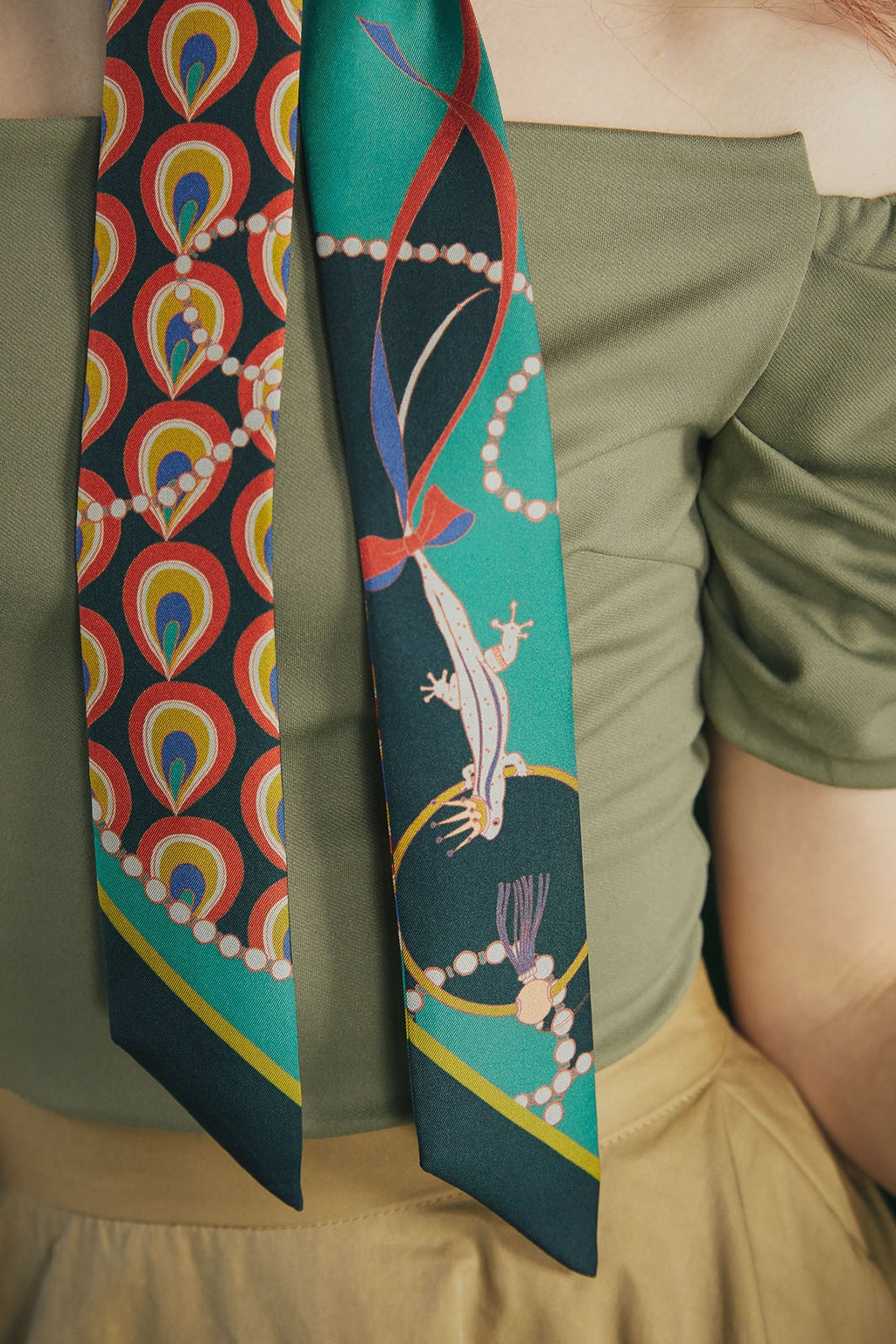 "Peacock" Silk Twill Skinny Scarf