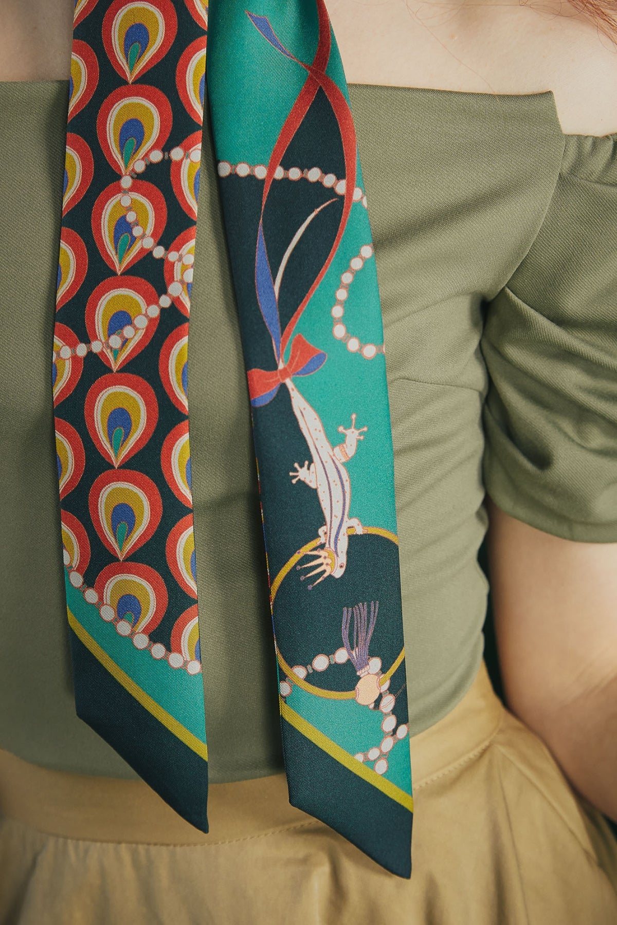 "Peacock" Silk Twill Skinny Scarf