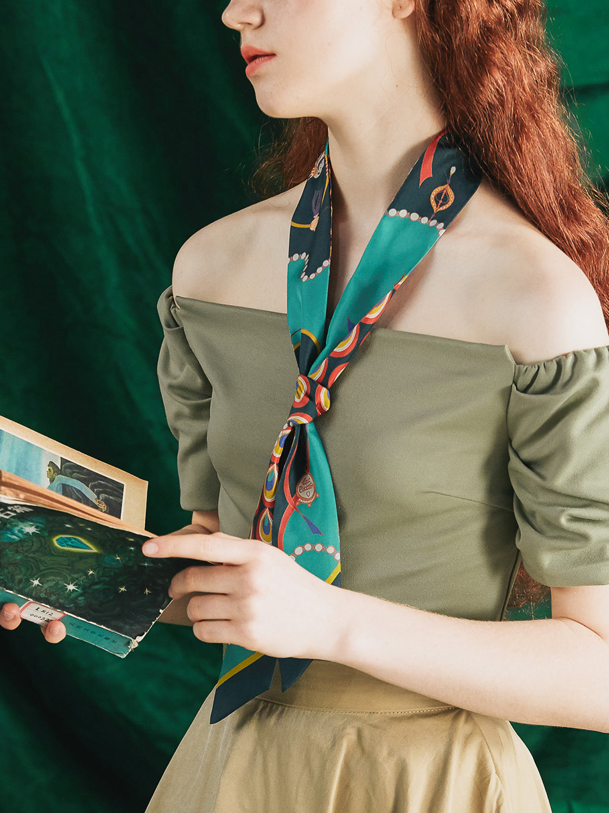 "Peacock" Silk Twill Skinny Scarf