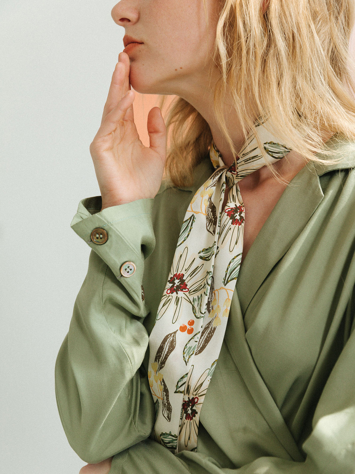 "Forest Charm" Silk Skinny Scarf - Vanilla
