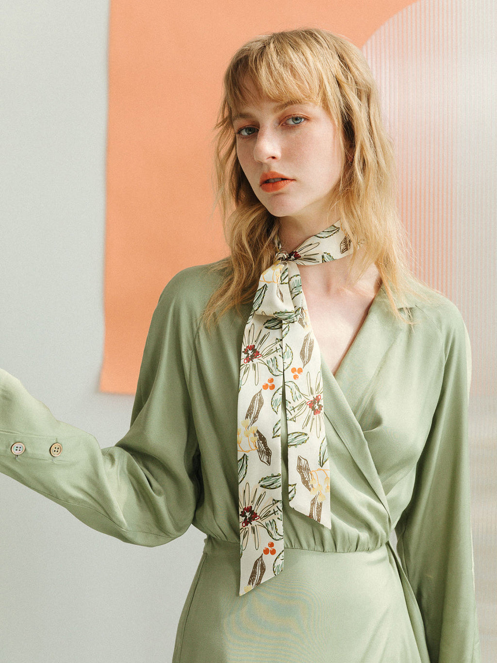 "Forest Charm" Silk Skinny Scarf - Vanilla