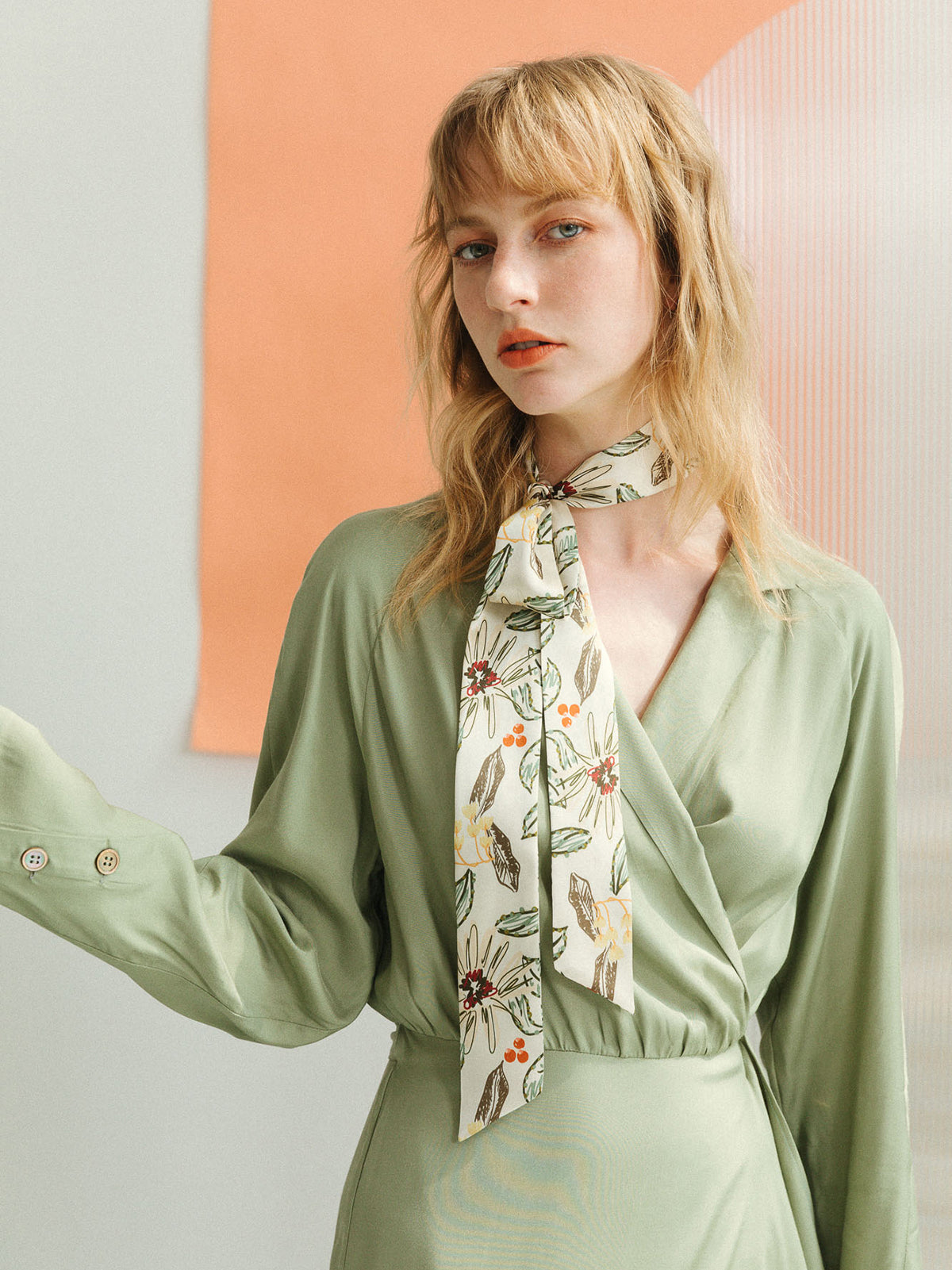 "Forest Charm" Silk Skinny Scarf - Vanilla