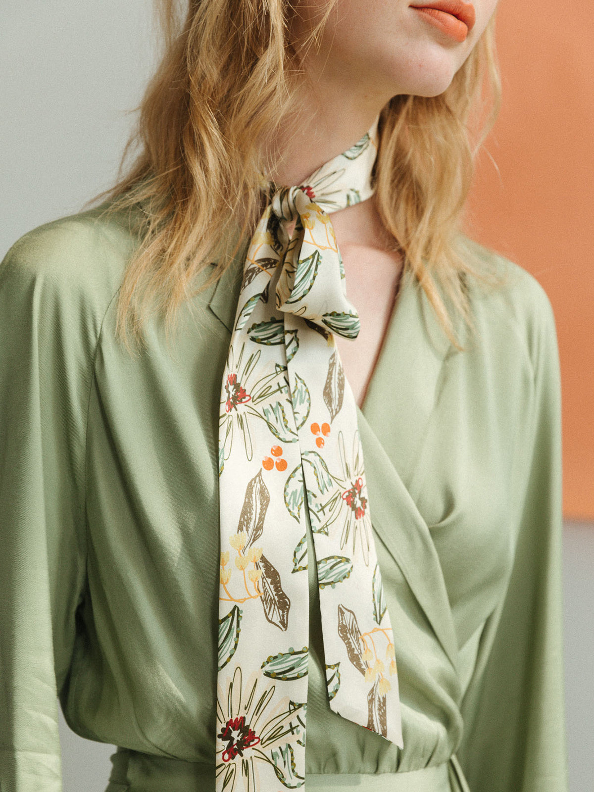 "Forest Charm" Silk Skinny Scarf - Vanilla
