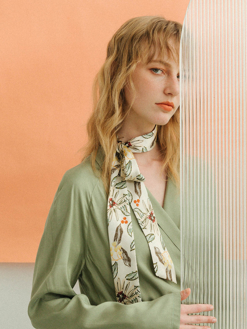 "Forest Charm" Silk Skinny Scarf - Vanilla