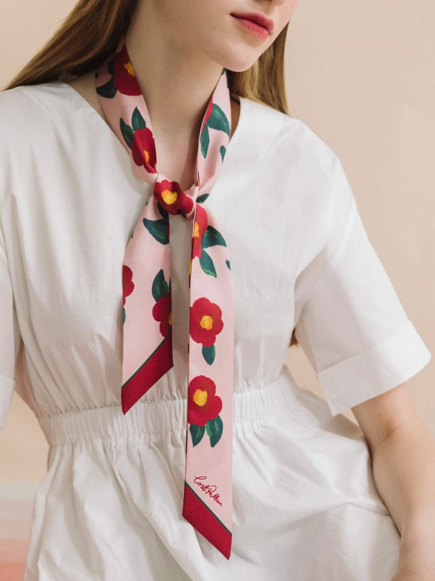 "Camellia" Silk Twill Skinny Scarf - Red & Pink