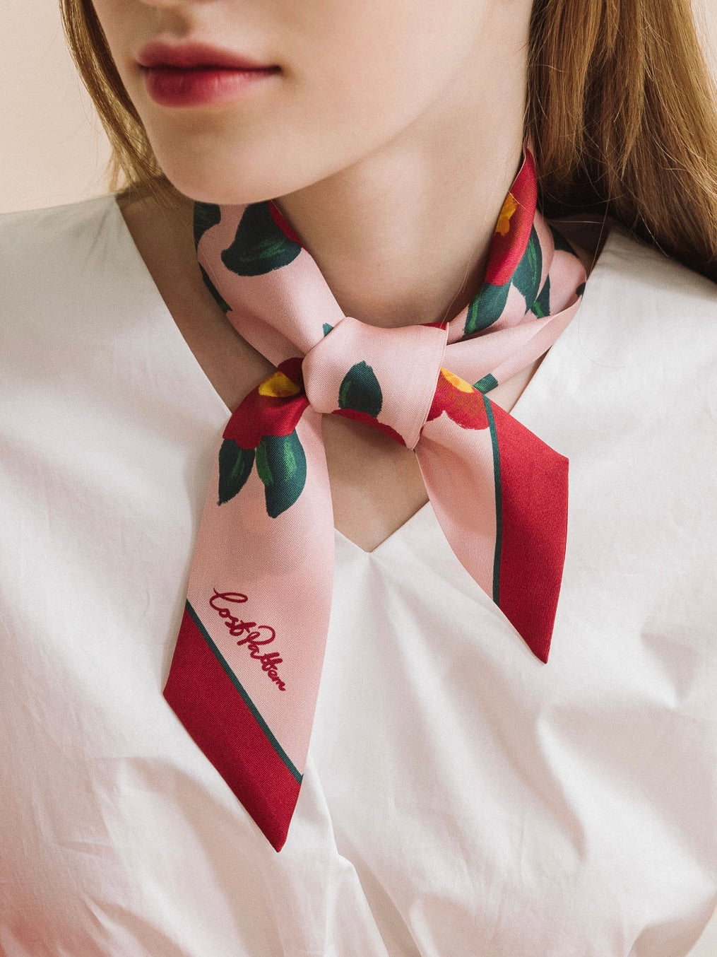 "Camellia" Silk Twill Skinny Scarf - Red & Pink