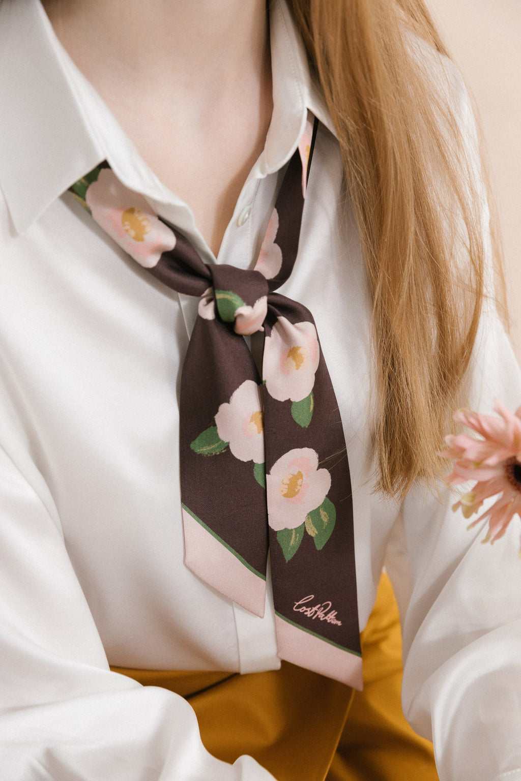 "Camellia" Silk Twill Skinny Scarf - Dark Brown