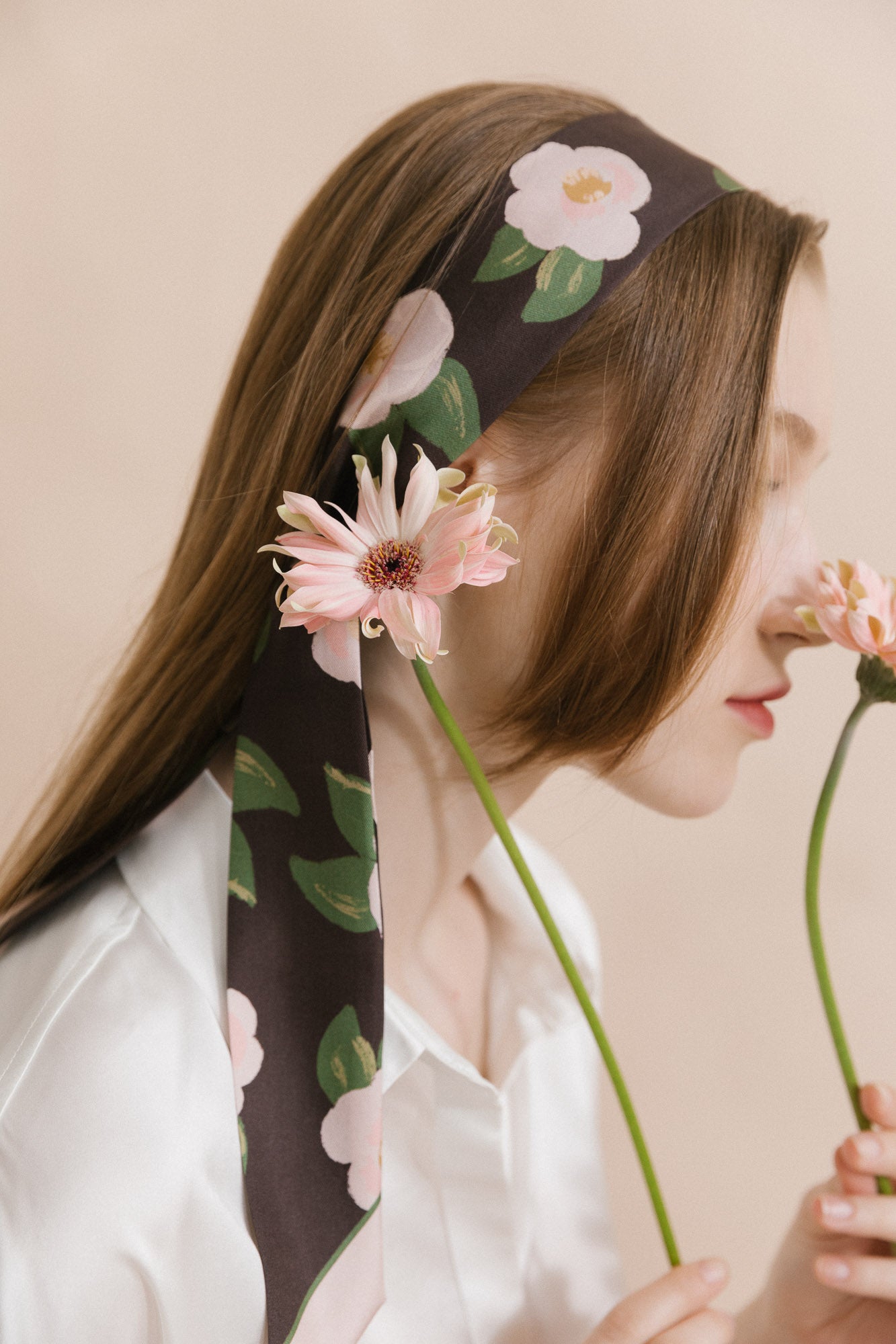 "Camellia" Silk Twill Skinny Scarf - Dark Brown