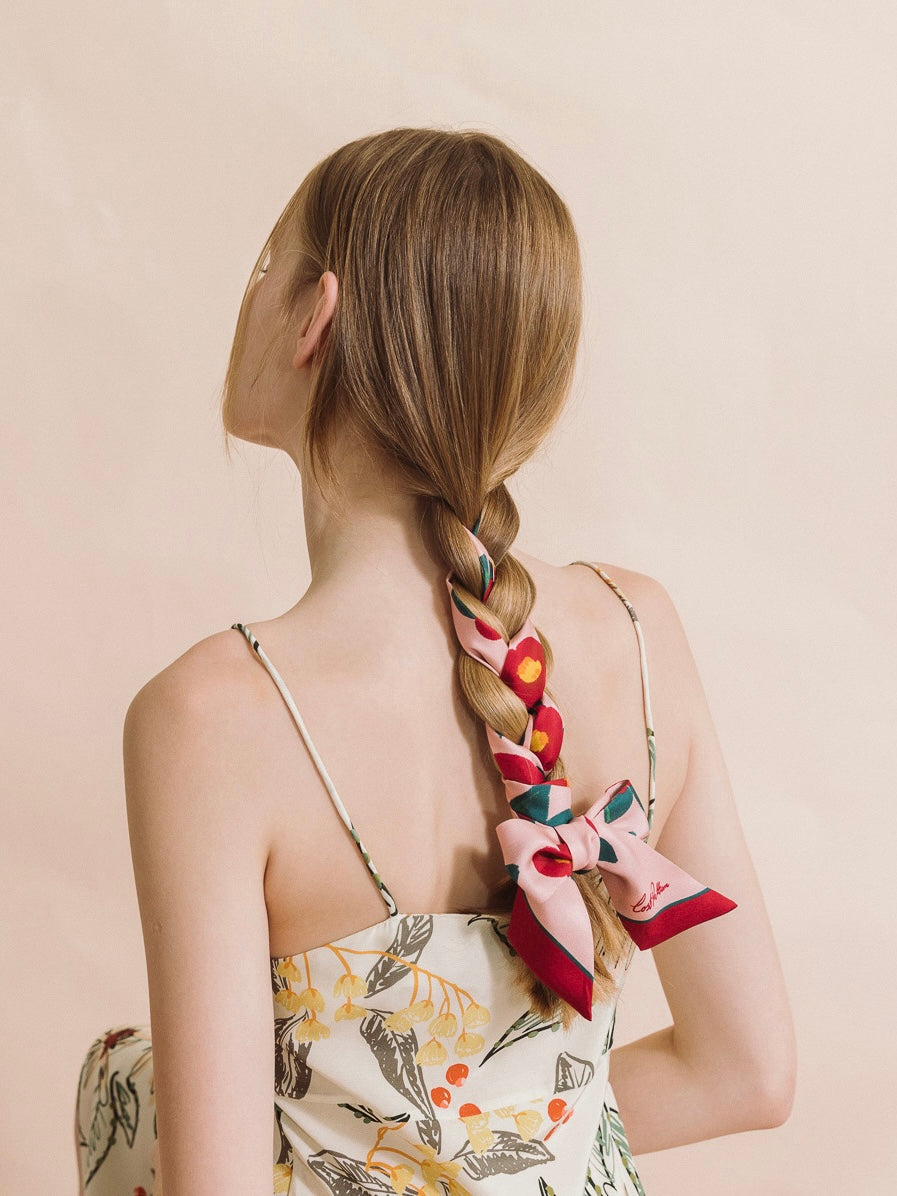 "Camellia" Silk Twill Skinny Scarf - Red & Pink