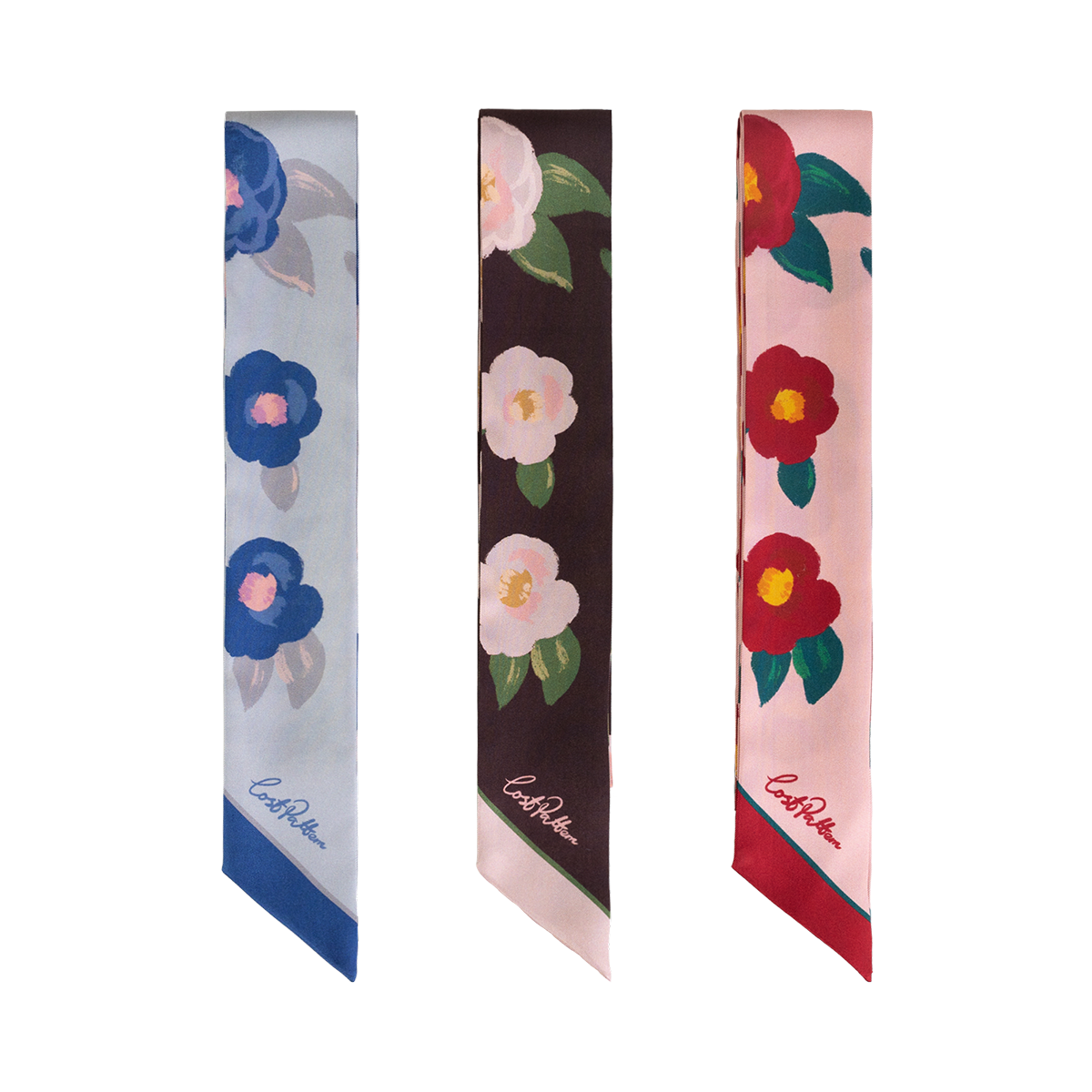 "Camellia" Silk Twill Skinny Scarf - Blue