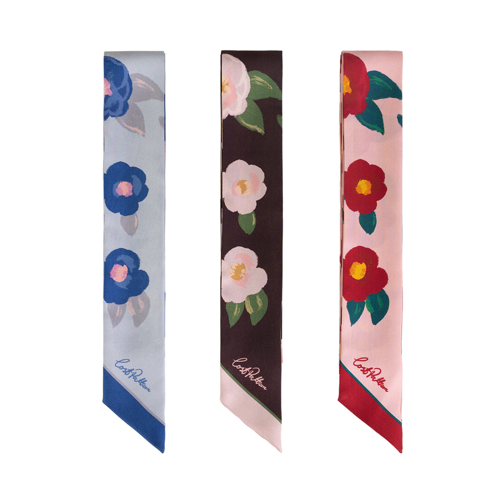 "Camellia" Silk Twill Skinny Scarf - Red & Pink